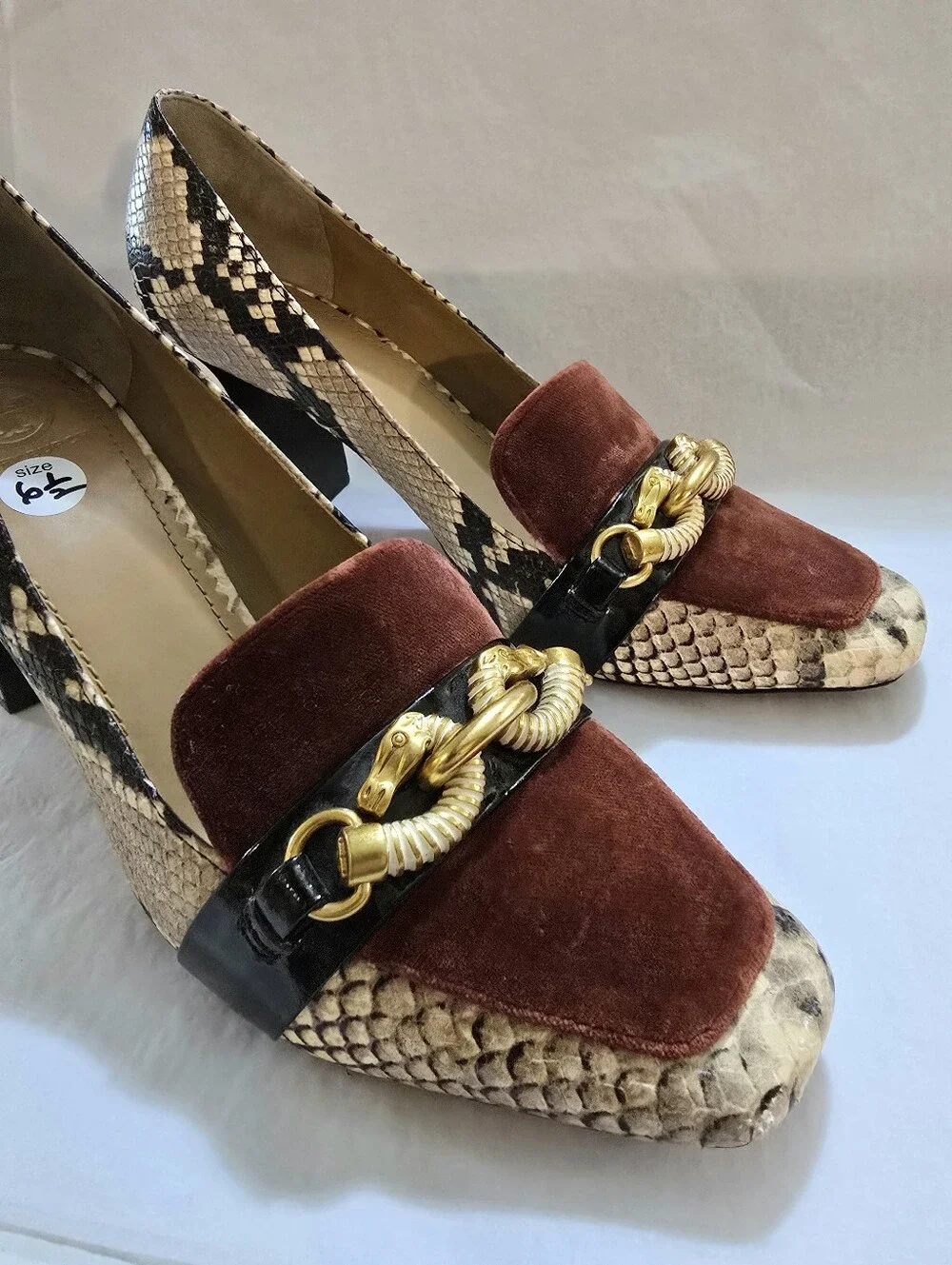 Tory Birch Leather Snake Skin Emboss Zebra Velvet and Gold Pumps Heels Size 8.5